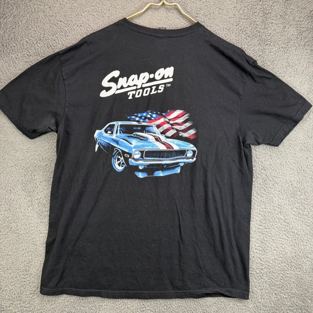 Snap-on Tools Mens XL Black Graphic T-Shirt Muscle Car American Flag Gildan